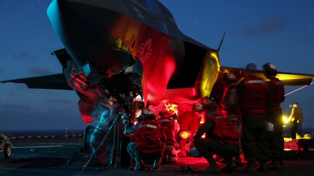 Marines load ordnance onto an F-35B Lightning II during Operational Testing 1 aboard USS Wasp at sea, May 27. Marines and sailors have been working together since May 18 to assess the integration of the F-35B Lightning II, which is currently on track to replace the F/A-18 Hornet, AV-8B Prowler, and the AV-8B Harrier. By the end of the testing period on May 29, U.S. Marine pilots had flown 110 F-35B sorties from USS Wasp, racking up more than 85 flight hours.