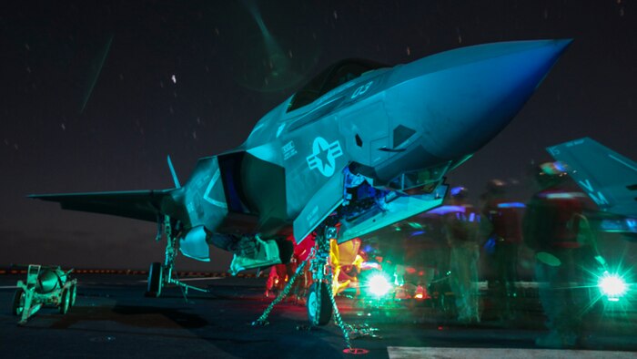 Marines load ordnance onto an F-35B Lightning II during Operational Testing 1 aboard USS Wasp at sea, May 27. Marines and sailors have been working together since May 18 to assess the integration of the F-35B Lightning II, which is currently on track to replace the F/A-18 Hornet, AV-8B Prowler, and the AV-8B Harrier. By the end of the testing period on May 29, U.S. Marine pilots had flown 110 F-35B sorties from USS Wasp, racking up more than 85 flight hours.