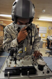 Tech. Sgt. Jonathan Sloan, 744th Expeditionary Airlift Squadron life support technician, uses the Scott Oxygen Tester to check for any leaks during a 30-day inspection on the MBU-12/P oxygen mask and CRU-60/P connector at Bagram Air Field, Afghanistan, Jan. 10, 2011. Sloan conducts a 30-day inspection on all aircrew flight equipment to ensure they are properly working. Sloan is deployed from the 165th Airlift Wing in Savannah, Ga., and his hometown is also Savannah.