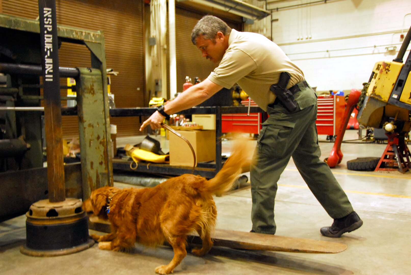 Sgt. Lee Cox, of the Wickenburg Police Department, and his canine, Lizzie, detect marijuana during an exercise for the National Police Canine Association’s certification at the Arizona Army National Guard’s Combined Support Maintenance Shop on Jan. 27, 2011. This is the fifth year the NPCA has partnered with the Arizona National Guard to conduct canine certification. This year a record 267 canine teams were certified.