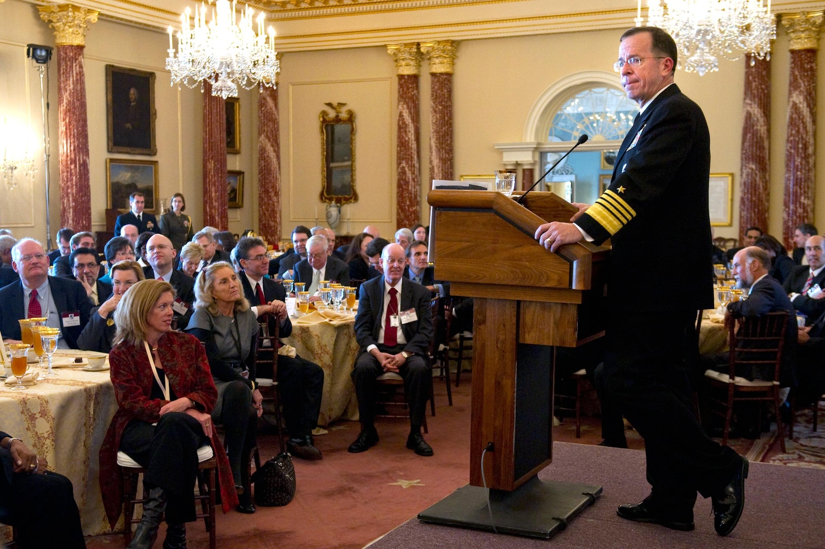 Navy Adm. Mike Mullen, chairman of the Joint Chiefs of Staff, speaks at the inaugural Global Chiefs of Mission Conference at the State Department in Washington, D.C., Feb. 2, 2011.