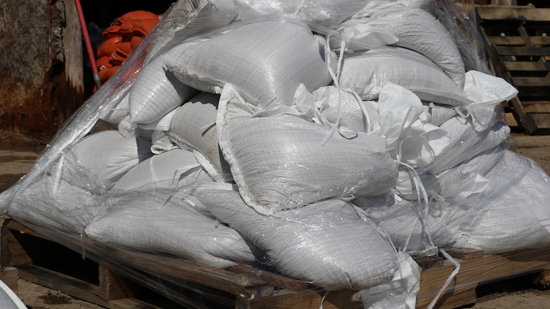A pallet of sandbags waits to be picked up by the Oklahoma Department of Transportation and trucked to communities in need of sandbags. 
