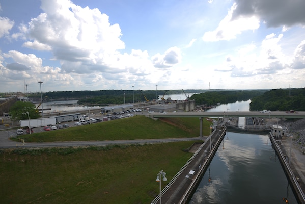 An aerial view of the auxililary lock (right) and the main lock (left) as work continues on the dewatering project at the Wilson Dam May 20, 2015. The lock is closed to barge traffic, which must use the smaller auxiliary lock. 