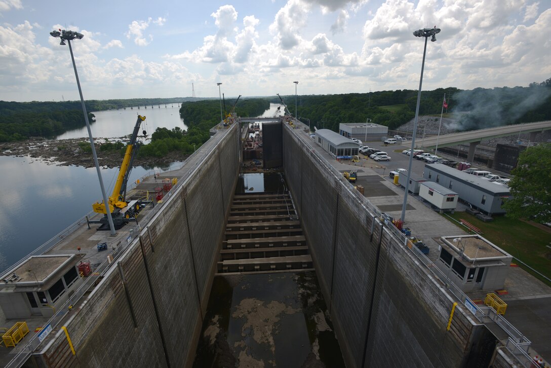 An Aerial view of the main Wilson Navigational Lock while maintenance crews dewater, inspect and repair underwater components in a five-week project.