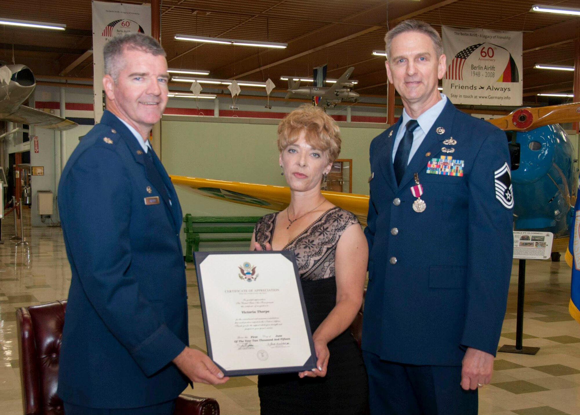 TRAVIS AIR FORCE BASE, Calif. -- Senior Master Sgt. Trevor Thorpe Jr., 945th Aircraft Maintenance Squadron production superintendent, retires in a ceremony May 17, 2015 at Travis Air Force Base, Calif. (U.S. Air Force photo/Master Sgt. Rachel Martinez)
