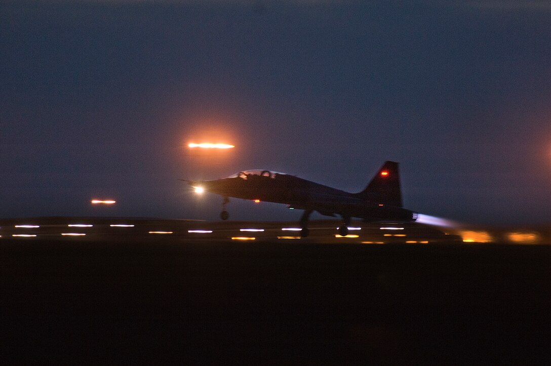Pilots from the 80th Flying Training Wing's Euro-NATO Joint Jet Pilot Training program take off June 1, 2015, at Sheppard Air Force Base, Texas.Once pilots complete the 55-week undergraduate pilot training through ENJJPT, all graduates, regardless of their nationality, will receive U.S.wings as a rated pilot. (U.S. Air Force photo by Danny Webb)
