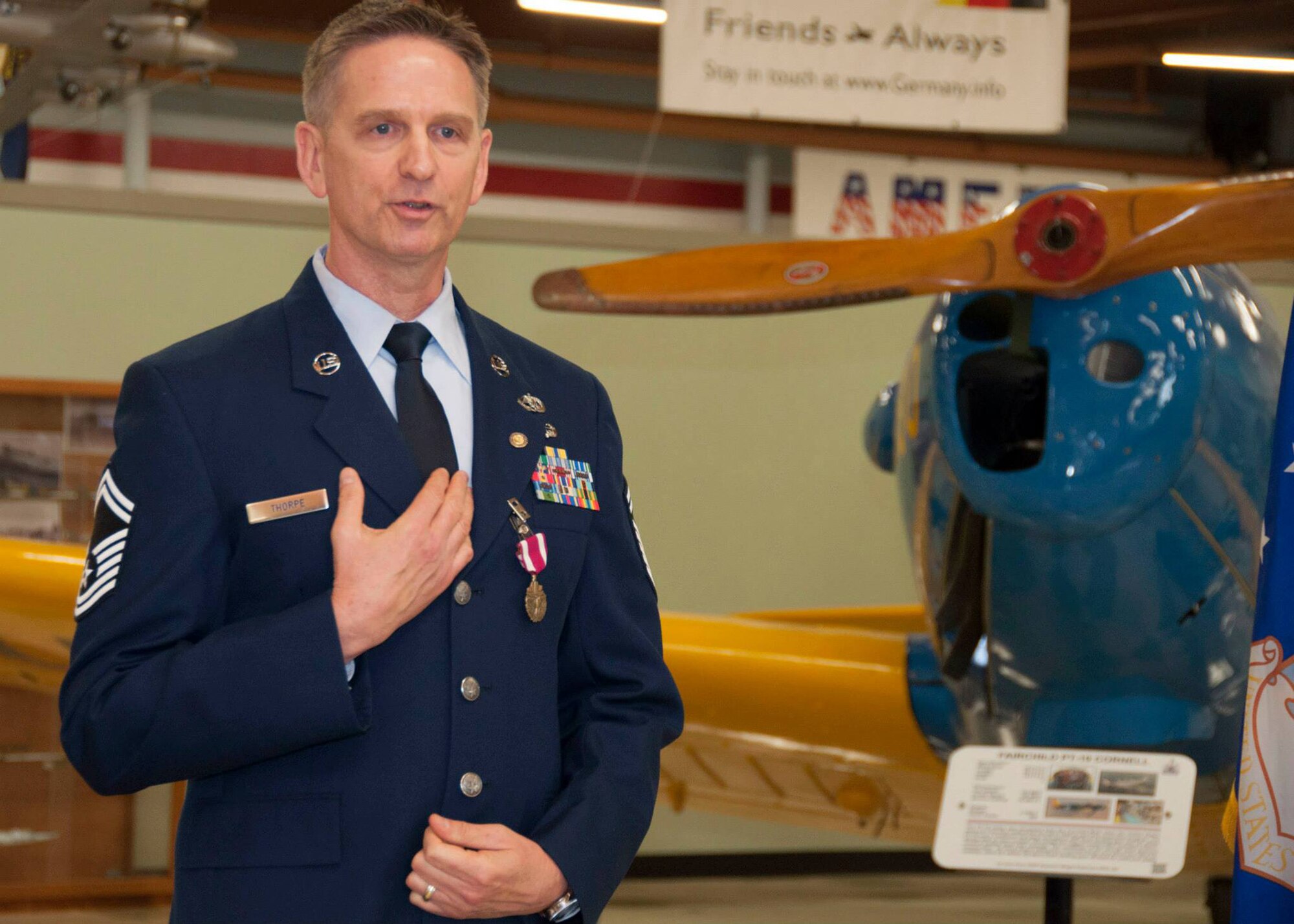 TRAVIS AIR FORCE BASE, Calif. -- Senior Master Sgt. Trevor Thorpe Jr., 945th Aircraft Maintenance Squadron production superintendent, retires in a ceremony May 17, 2015 at Travis Air Force Base, Calif. (U.S. Air Force photo/Master Sgt. Rachel Martinez)

