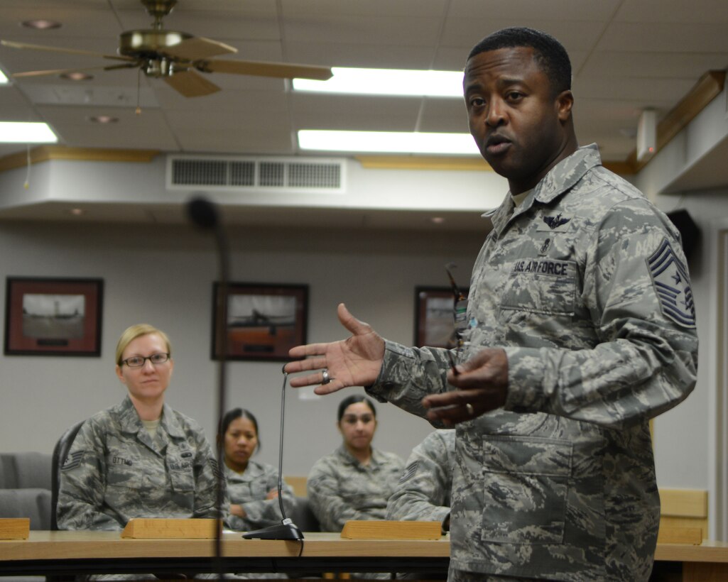 U.S. Air Force Chief Master Sgt. Eddie Webb, 7th Bomb Wing command chief, speaks to noncommissioned officers at the NCO Academy May 12, 2015, on Dyess Air Force Base, Texas. As the command chief, Webb serves as the liaison between the wing commander and the enlisted force. (U.S. Air Force photo by Airman 1st Class Kedesha Pennant/Released)