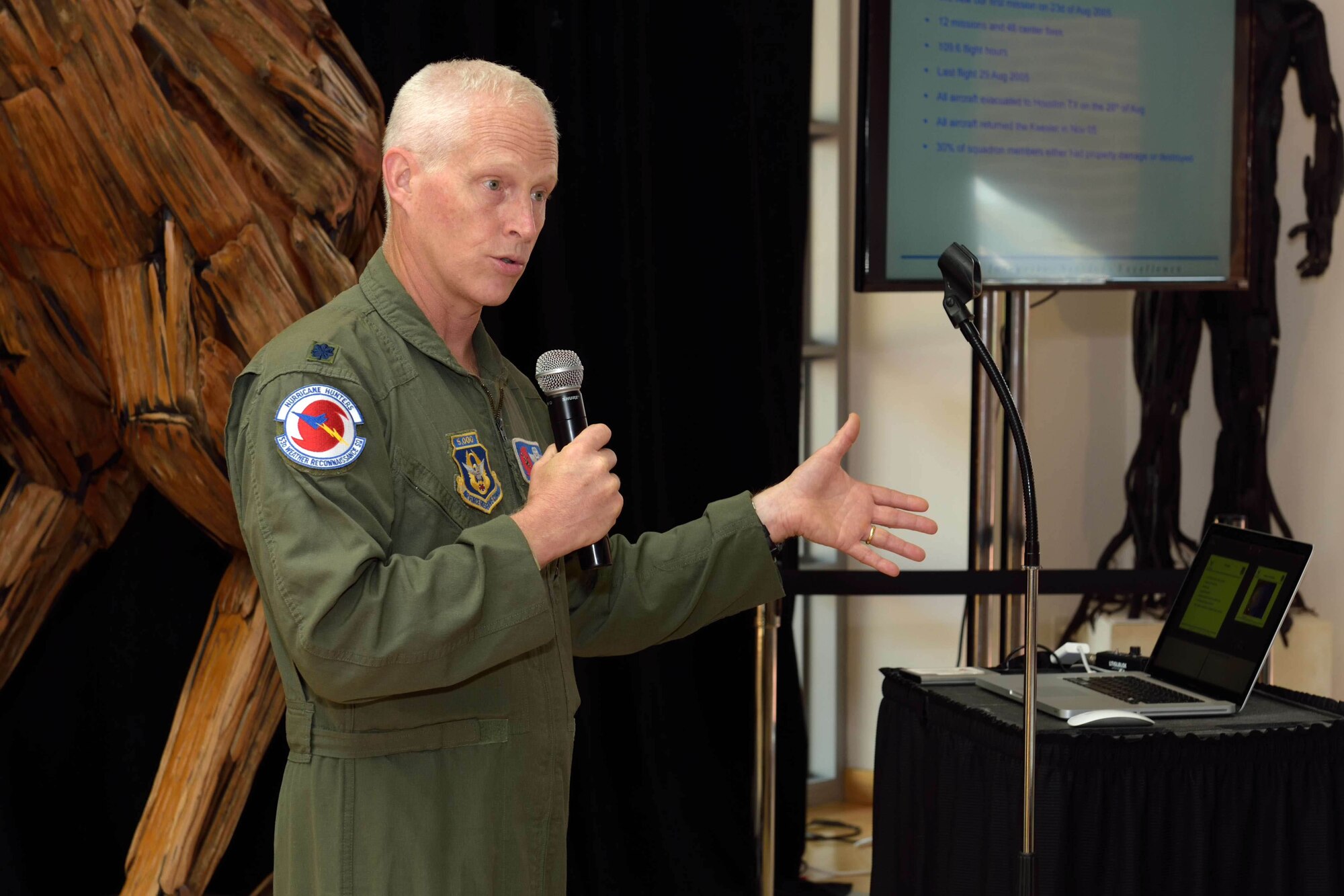 Lt. Col. Jon Talbot, 53rd Weather Reconnaissance Squadron "Hurricane Hunters" chief meteorologist, talks to attendees at the Katrina +10 event held May 31, 2015, in the Ohr-O'Keefe Museum of Art in Biloxi, Mississippi. The event was designed to examine the destruction, relief efforts and recovery associated with Hurricane Katrina, which made landfall August 29, 2015, nearly 10 years ago. (U.S. Air Force photo/Tech. Sgt. Ryan Labadens)