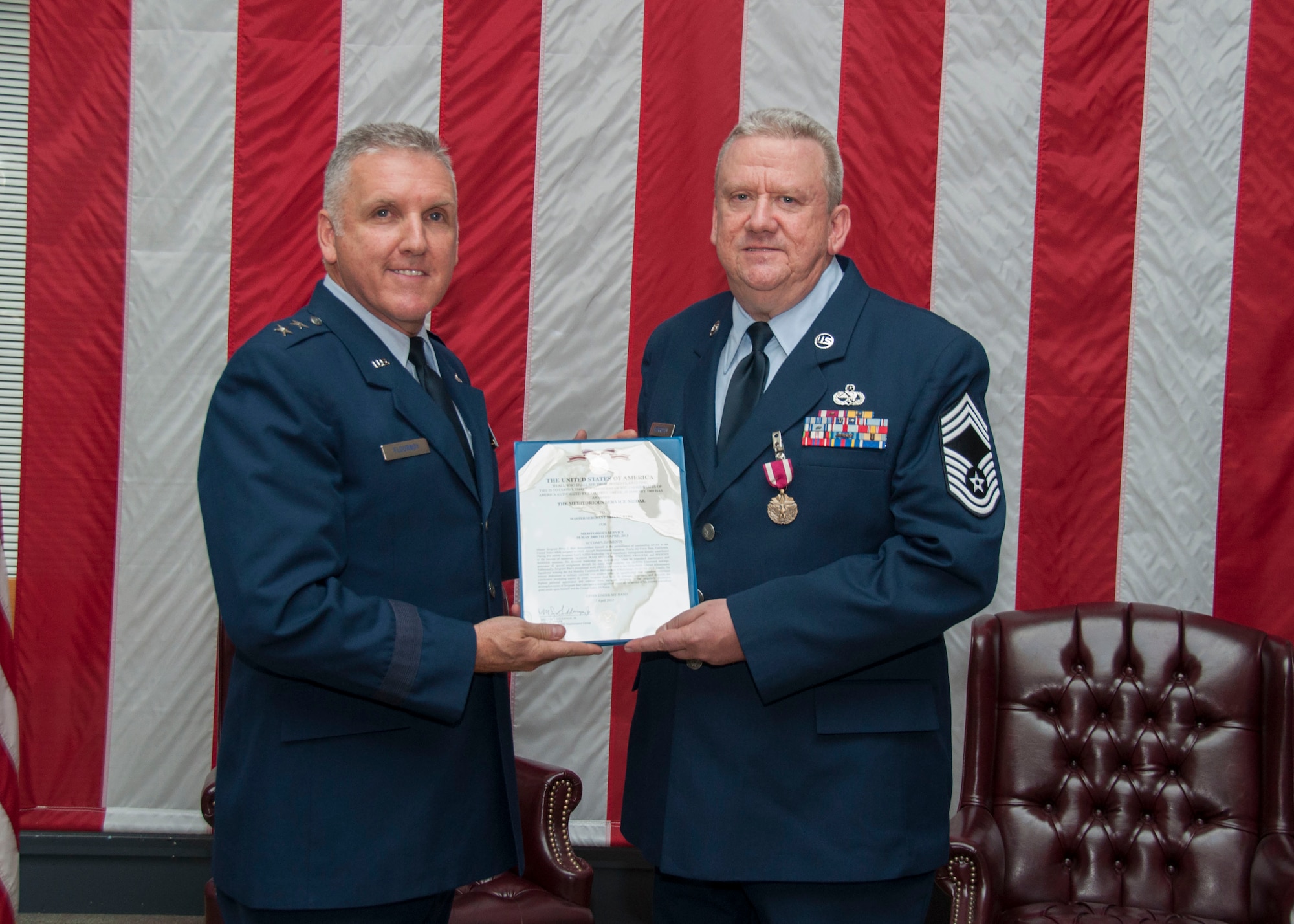 Chief Master Sgt. William Morrissey, 945th Aircraft Maintenance Squadron superintendent, retires during a ceremony May 16, 2015, at Travis Air Force Base, Calif. (U.S. Air Force photo/Master Sgt. Rachel Martinez)
