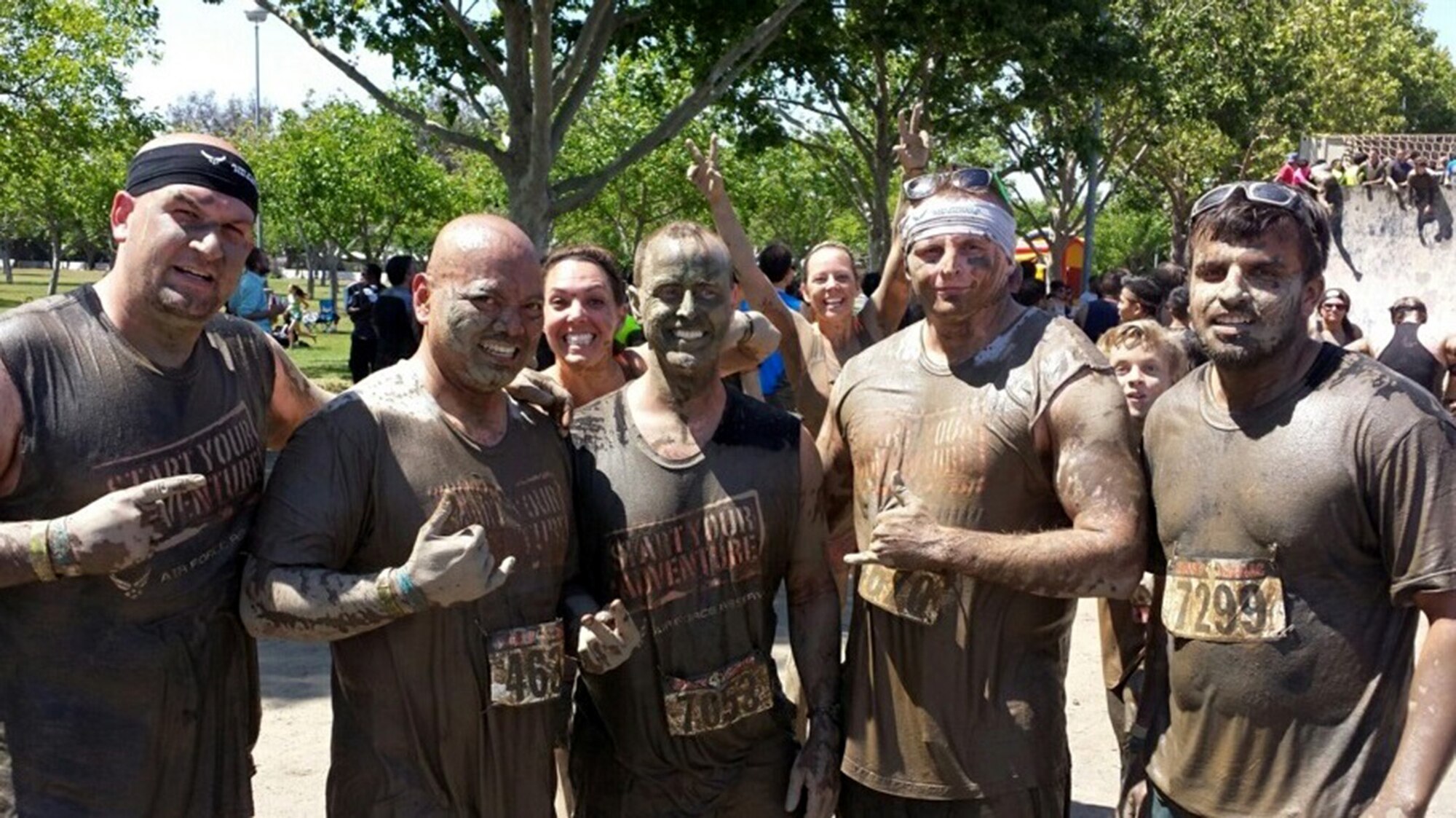 TRAVIS AIR FORCE BASE, Calif. -- Recruiters and friends from Travis and Beale Air Force Bases participated in the 2015 Rugged Maniac Obstacle Course and 5K May 23, 2015, as part of Memorial Day weekend holiday activities. Pictured from the left are: Senior Master Sgt. Vinnie Johnson, 940th Wing recruiting, Master Sgt. James Muna, 349th Air Mobility Wing recruiter, Senior Master Sgt. Tony Krystoff, 349th AMW recruiting flight chief, Tech. Sgt. Jeff Madden, 349th AMW recruiter, and Senior Amn. Sajjan "Sonny" Singh, 349th AMW public affairs. (U.S. Air Force photo/MSgt. Bill Pullion)
