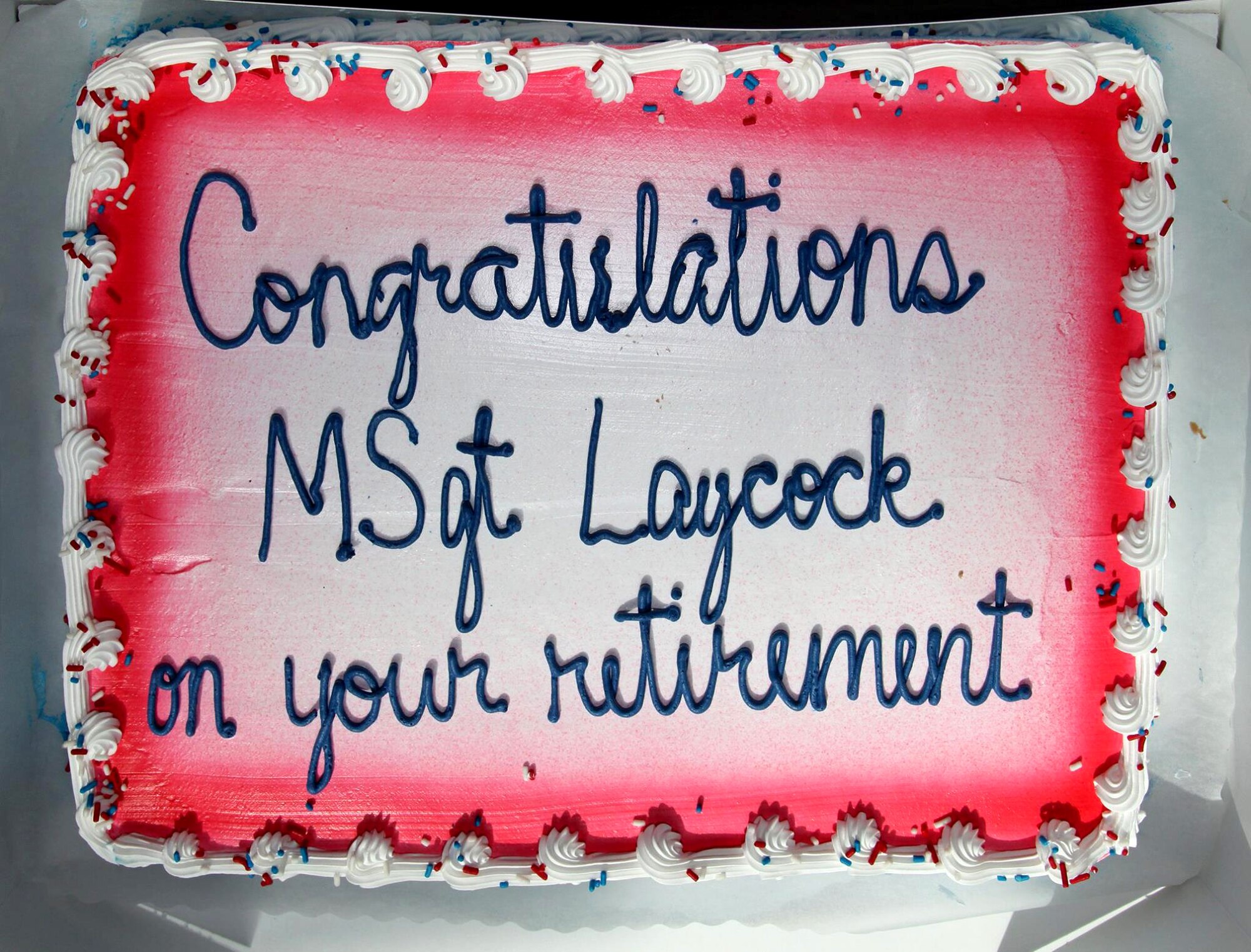 TRAVIS AIR FORCE BASE, Calif. -- Master Sgt. Denise C. Laycock, 349th Maintenance Group career advisor, is honored in a retirement ceremony at Travis AFB, Calif., May 16, 2015. (U.S. Air Force photo/Lt. Col. Robert Couse-Baker/Released