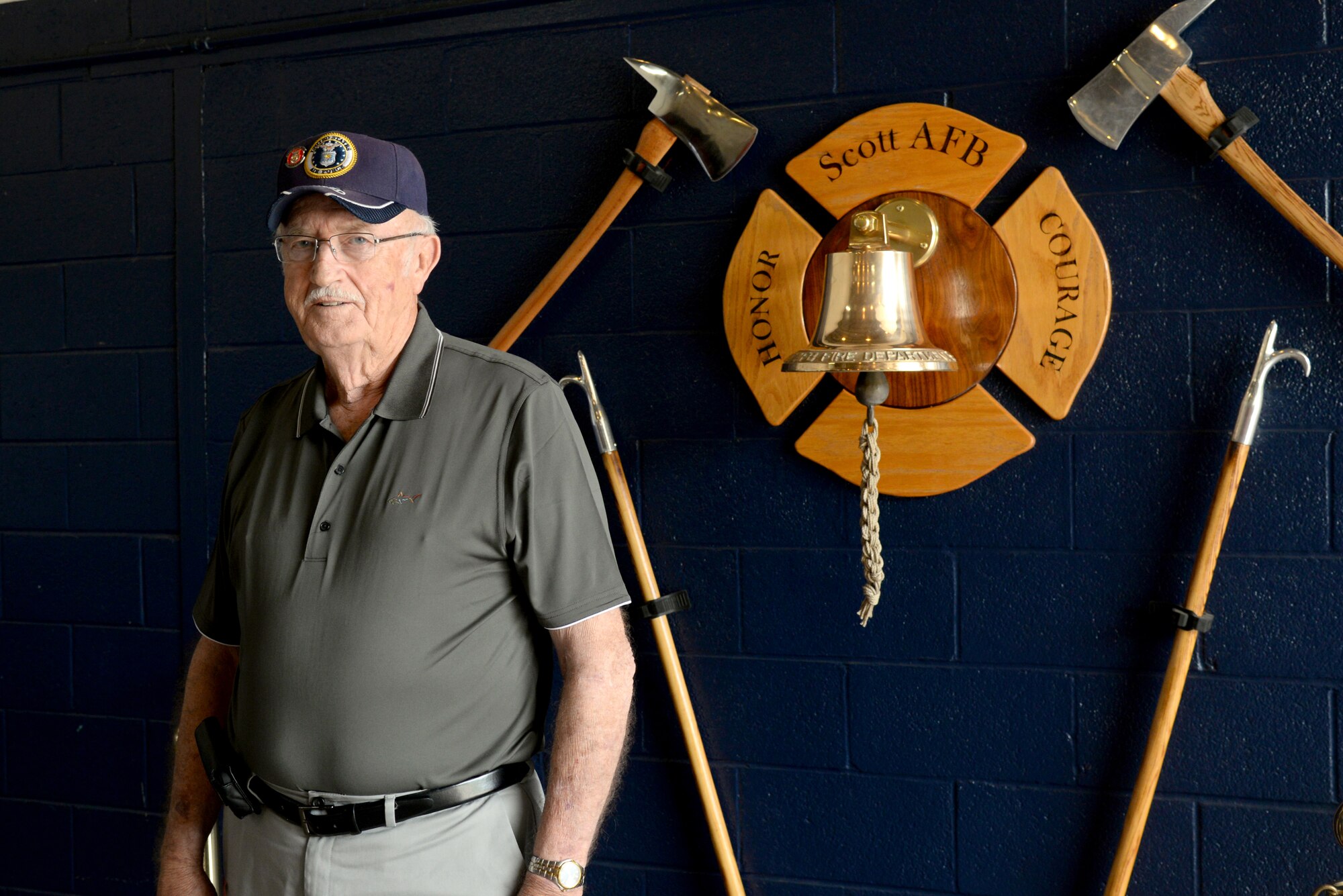 Duane Morgan, retired fire chief, became a part of the Military Firefighter Heritage Foundation Hall of Fame for 2015. Morgan worked at Scott Air Force Base for 19 out of 44 years of his Air Force career. (U.S. Air Force Photo by Airman 1st Class Megan Friedl)