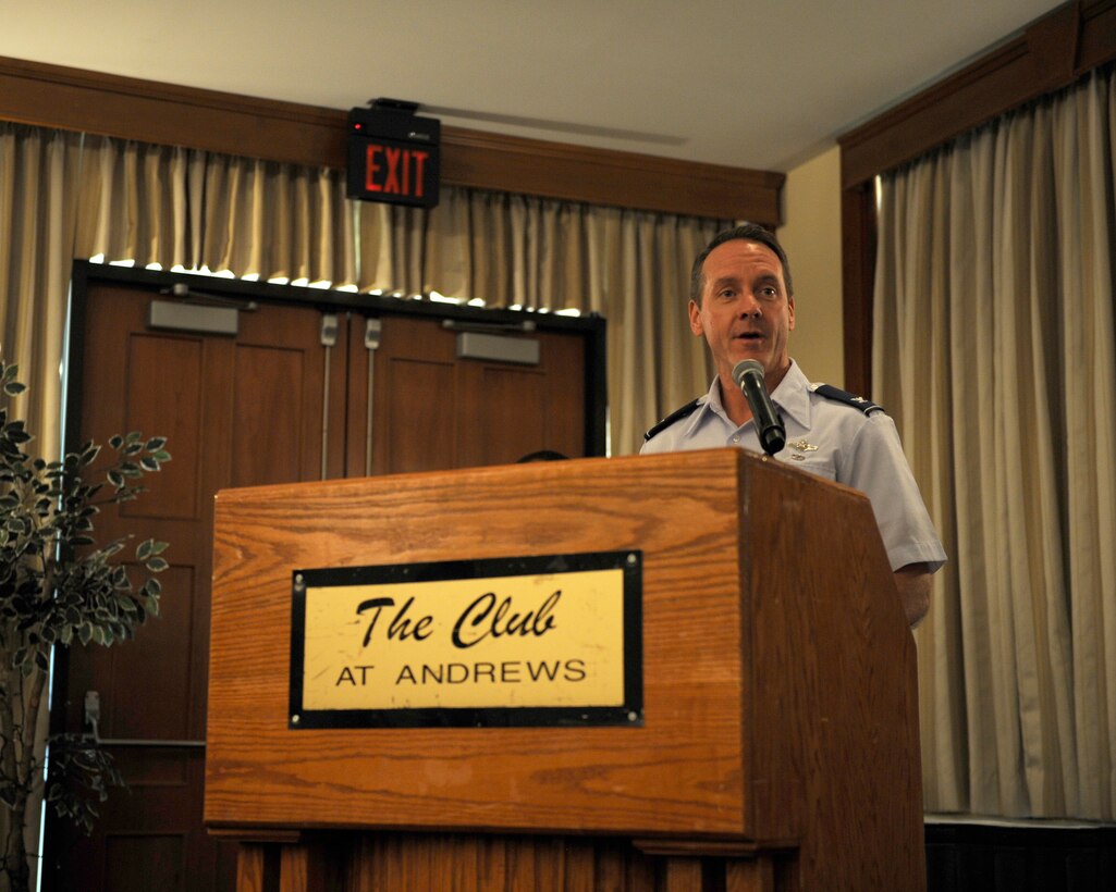 Col. Bradley Hoagland, 11th Wing commander, addresses attendees of the Joint Base Andrews 2015 Honorary Commander Luncheon Ceremony May 29, 2015, at The Club, JBA, Md. During the luncheon, each inductee was presented a certificate of induction and an honorary commander lapel pin. (U.S.  Air Force photo by Senior Airman Preston Webb/RELEASED)