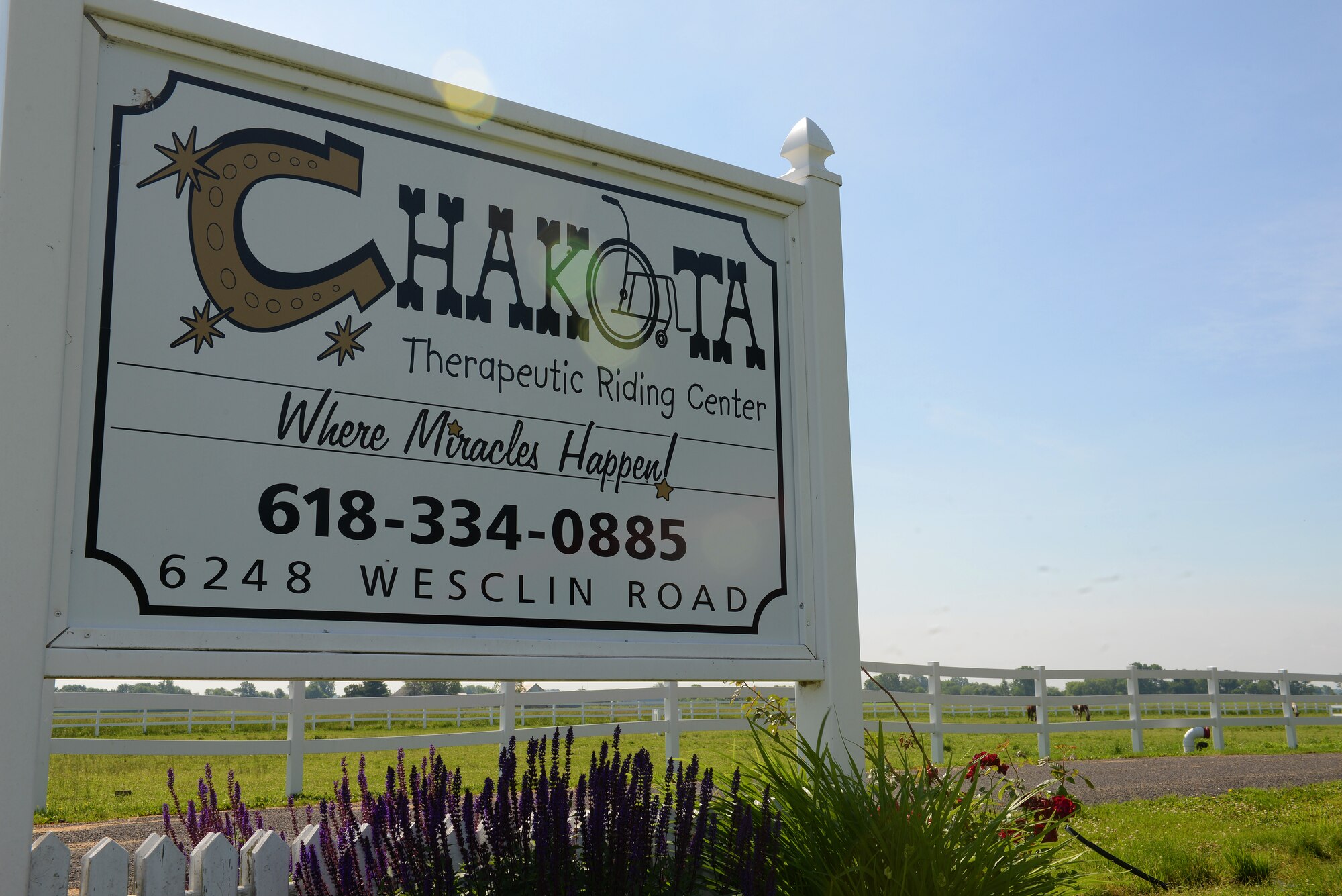 Chakota, a therapeutic horseback riding center is a nine-horse stable that offers riding sessions to children and adults with cerebral palsy, down syndrome, spina bifida, traumatic brain injury, autism and other disabilities, Germantown, Illinois, May 28, 2015. A group of 375th Operations Support Squadron Air Traffic Controllers gave their time to assist with making Chakota a better place for riders and their families by doing chores and helping with whatever is needed. (U.S. Air Force photo by Airman 1st Class Erica Holbert-Siebert)