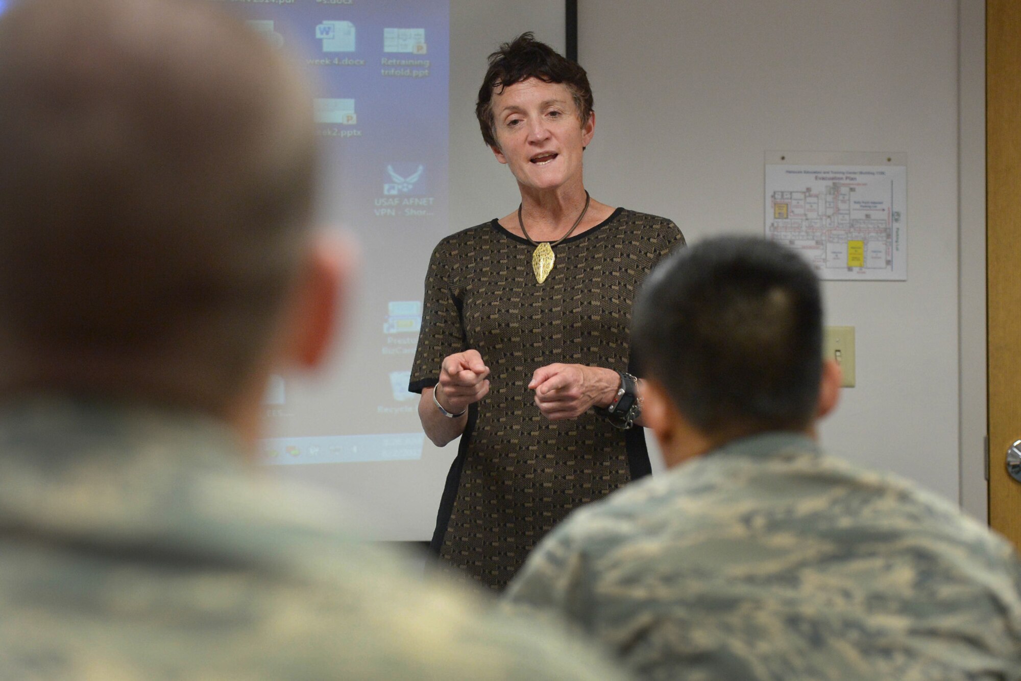 Linda Ambard, 66th Air Base Group community support coordinator, discusses resiliency strategies she uses to overcome challenges during a First Term Airman Center course at the Education Center June 2. In addition to resiliency, the first term Airmen were briefed on financial management, enlisted force structure, traffic safety and more. (U.S. Air Force photo by Jerry Saslav)