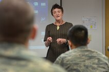 Linda Ambard, 66th Air Base Group community support coordinator, discusses resiliency strategies she uses to overcome challenges during a First Term Airman Center course at the Education Center June 2. In addition to resiliency, the first term Airmen were briefed on financial management, enlisted force structure, traffic safety and more. (U.S. Air Force photo by Jerry Saslav)