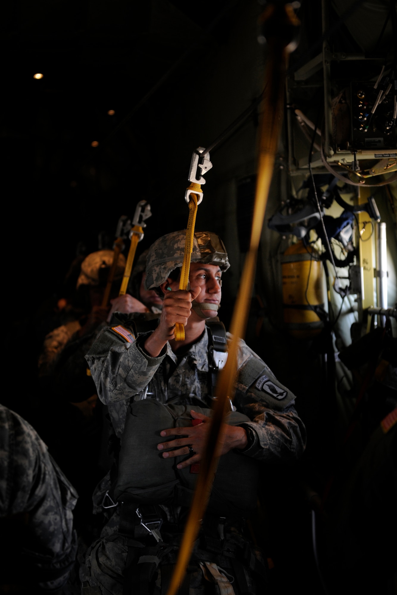 U.S. Army Soldiers from Headquarters and Headquarters Company 173rd Brigade Special Troops Battalion (Airborne) prepare for a 1,100ft. combat equipment jump during Exercise Noble Shirley 2015 May 12, 2015, over Israel.  Exercise Noble Shirley 2015 is a routine training exercise designed to promote cooperation and interoperability between U.S. Forces and Israel Defense Forces. (U.S. Air Force photo/Tech. Sgt. Patrick Mitchell)



