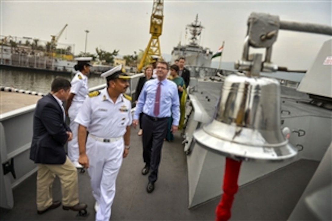 U.S. Defense Secretary Ash Carter receives a tour of the Indian Navy frigate INS Sahyadri from Capt. Jyotin Raina, the ship's commanding officer, in Vizag, India, June 2, 2015. Carter is on a 10-day trip to the Asia-Pacific region to meet with partner nations and affirm U.S. commitment to the area.