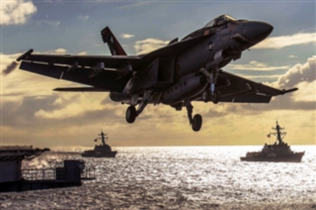 An F/A-18E Super Hornet launches from the aircraft carrier USS Carl Vinson during an air-power demonstration in the Pacific Ocean, May 31, 2015. The Vinson and Carrier Air Wing 17 are in the 3rd Fleet area of operations returning to homeport after a Middle East and Western Pacific deployment. The Super Hornet is assigned to Strike Fighter Squadron 81.