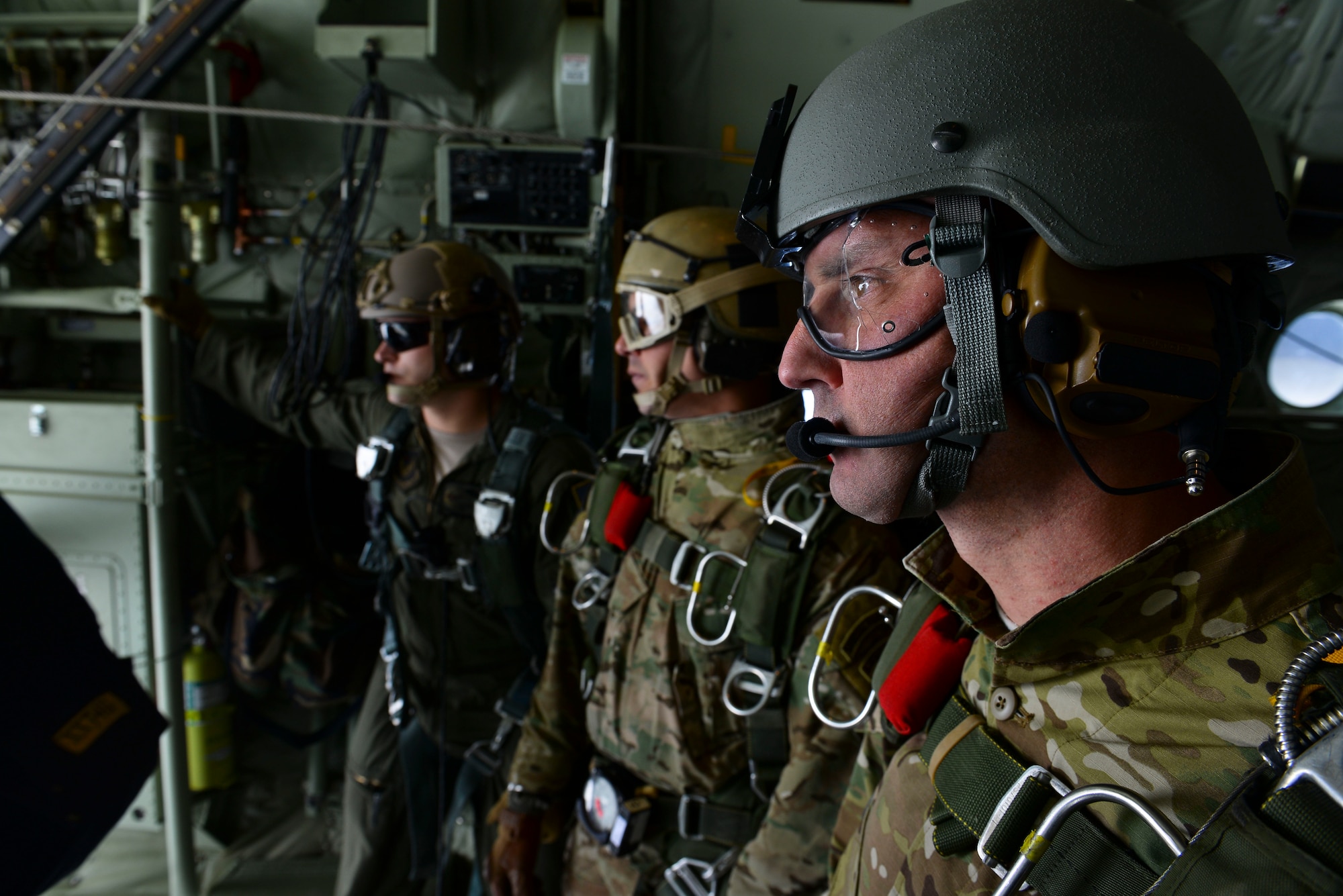 Operators from U.S. Special Operations Command -- Europe prepare for a high-altitude, low-opening jump May 30, 2015, over Mont Saint-Michele, France. The paratroopers jumped from an MC-130J Commando II assigned to the 67th Special Operations Squadron from as high as 13,000 feet to commemorate the 71st anniversary of the liberation of France during World War II. (U.S. Air Force photo by Staff Sgt. Micaiah Anthony)