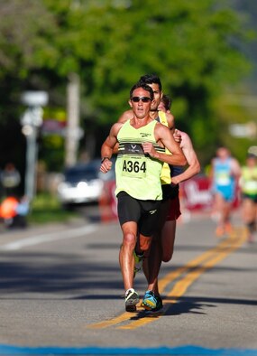  
Maj. Benjamin Payne leads the way at 2015 Bolder Boulder 10K in Boulder, Colorado. A member of the Air Force World Class Athlete Program at U.S. Air Force Academy, Payne is preparing for the 2016 Olympic Trials in Los Angeles where he will compete for the chance to go to the 2016 Olympics in Rio de Janeiro. Payne finished first at Bolder Boulder with a runtime of 30 minutes, 41.25 seconds. (Courtesy photo)
