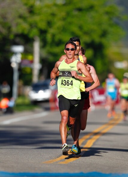 Major Benjamin Payne leads the way at 2015 Bolder Boulder 10K in Boulder, Colorado. A member of the Air Force World Class Athlete Program at U.S. Air Force Academy, Payne is preparing for the 2016 Olympic Trials in Los Angeles where he will compete for the chance to go to the 2016 Olympics in Rio de Janeiro. Payne finished first at Bolder Boulder with a runtime of 30 minutes, 41.25 seconds. (Courtesy photo)