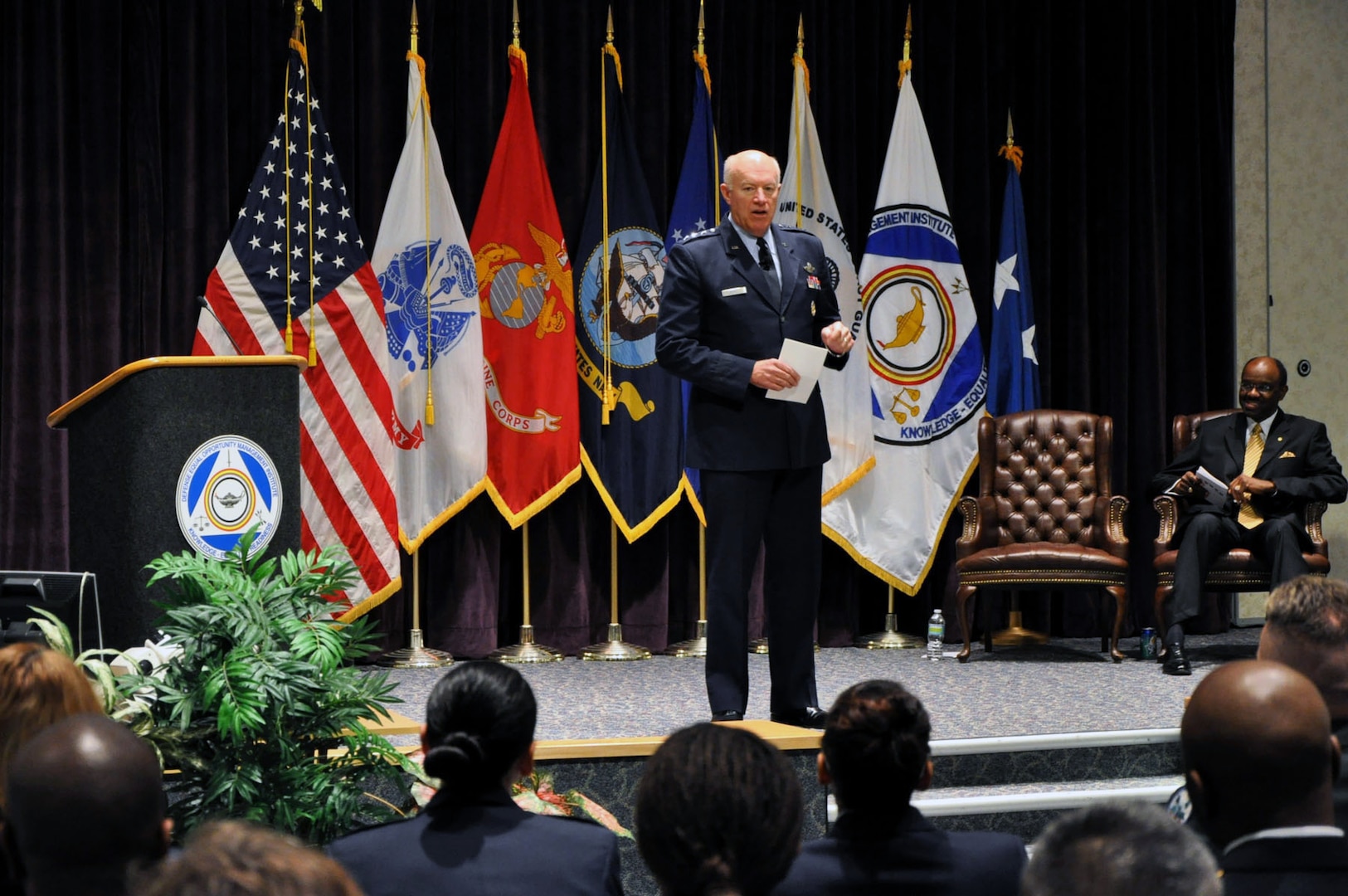 Air Force Lt. Gen. Harry M. Wyatt III, director of the Air National Guard, addresses Guard and Reserve graduates of the Defense
Equal Opportunity Management Institute's Equal Opportunity Advisor Reserve
Component Program on Feb. 4, 2011, at the Institute. The EOARCP curriculum
develops a base of knowledge and skills that allow graduates to assess human
relations climates in the organizations they serve, and to provide advice
and assistance to commanders to prevent, reduce or eliminate discriminatory
practices.