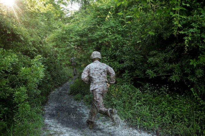 Marines with Electronics Maintenance Company, 2nd Maintenance Battalion, sprint through the forest during the endurance course at the Battle Skills Training School aboard Camp Lejeune, N.C., May 29, 2015. ELMACO hiked approximately two miles to the school and then conducted the course to build camaraderie and say farewell to their commanding officer, Maj. Brian L. White. (U. S. Marine Corps photo by Cpl. Shawn Valosin)