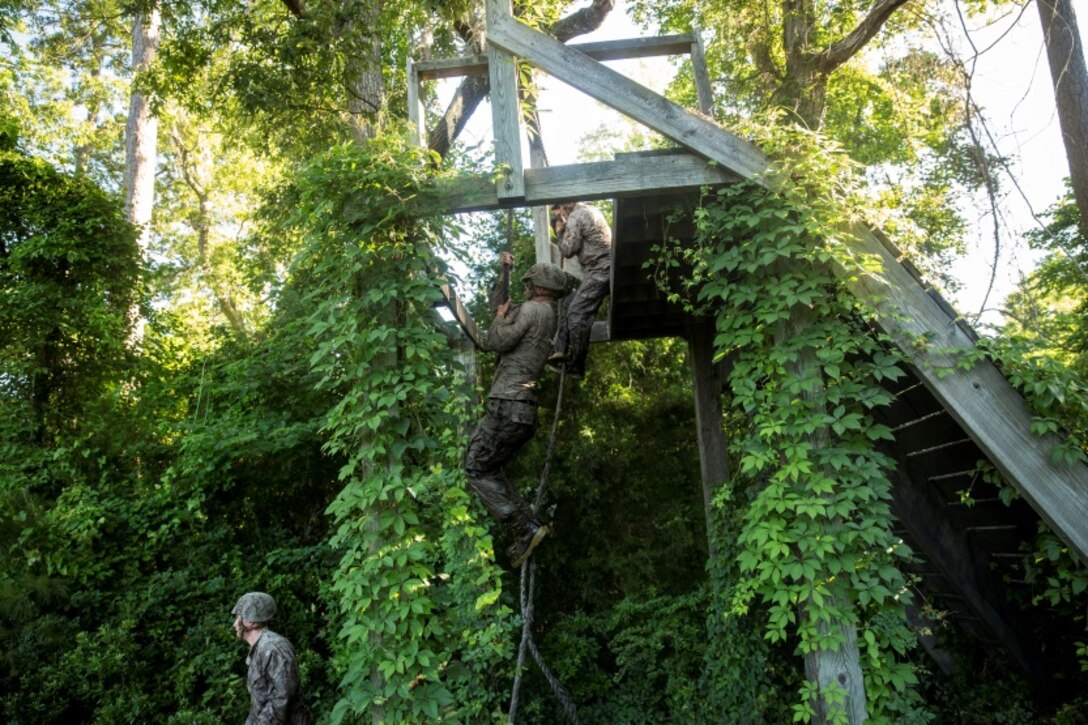 Marines with Electronics Maintenance Company, 2nd Maintenance Battalion, complete an obstacle during the endurance course at the Battle Skills Training School aboard Camp Lejeune, N.C., May 29, 2015. ELMACO hiked approximately two miles to the school and then conducted the course to build camaraderie and say farewell to their commanding officer, Maj. Brian L. White. (U. S. Marine Corps photo by Cpl. Shawn Valosin)