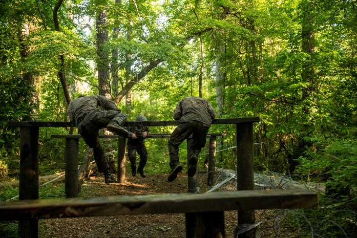 Marines with Electronics Maintenance Company, 2nd Maintenance Battalion, climb over hurdles during the endurance course at the Battle Skills Training School aboard Camp Lejeune, N.C., May 29, 2015. ELMACO hiked approximately two miles to the school and then conducted the course to build camaraderie and say farewell to their commanding officer, Maj. Brian L. White. (U. S. Marine Corps photo by Cpl. Shawn Valosin)