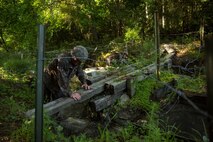 Marines with Electronics Maintenance Company, 2nd Maintenance Battalion, maneuver through obstacles and underneath barbed wire during the endurance course at the Battle Skills Training School aboard Camp Lejeune, N.C., May 29, 2015. ELMACO hiked approximately two miles to the school and then conducted the course to build camaraderie and say farewell to their commanding officer, Maj. Brian L. White. (U. S. Marine Corps photo by Cpl. Shawn Valosin)