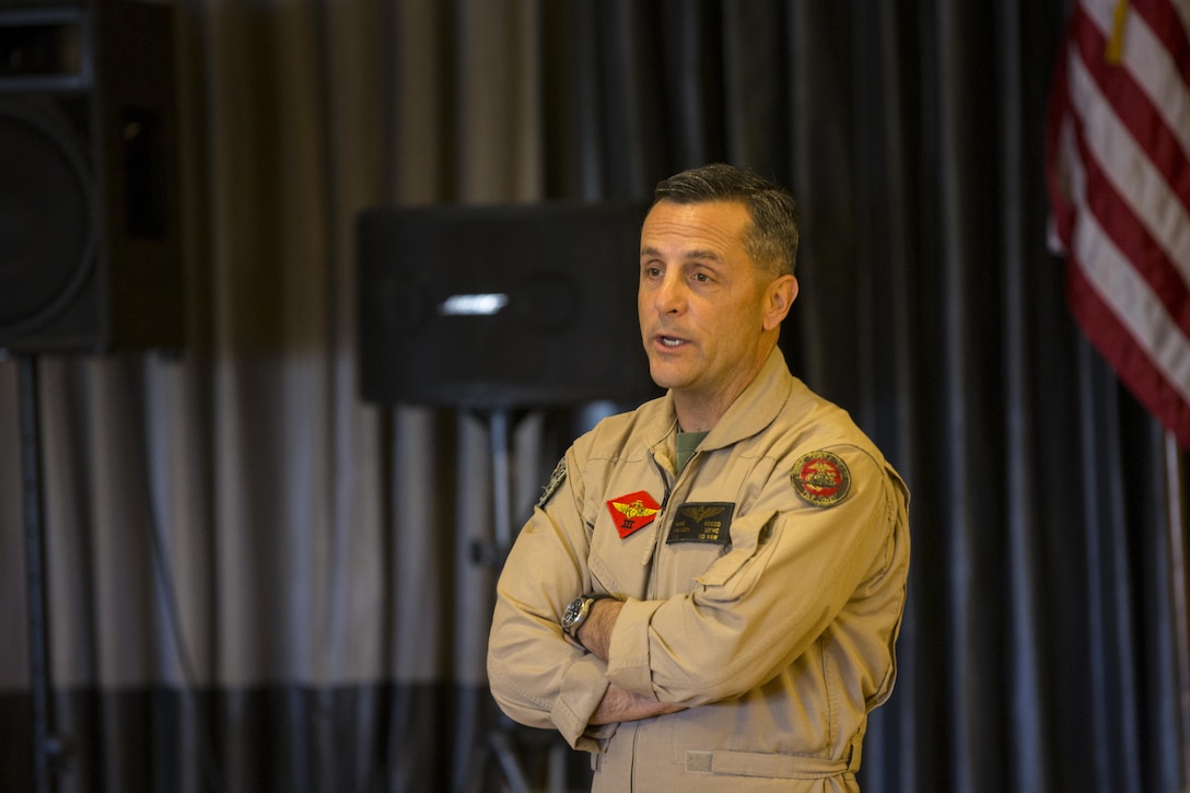 Maj. Gen. Michael Rocco, 3rd Marine Aircraft Wing commanding general, presents his opening remarks before a Noncommissioned Officer, Marine and Sailors of the Quarter awards ceremony aboard Marine Corps Air Station Miramar, California, June 2. Rocco emphasized the significance of those awarded at the event. “We’re here to honor these great Marines and Sailors,” said Rocco. “It’s not about those here in the front row, but about those being awarded today.”