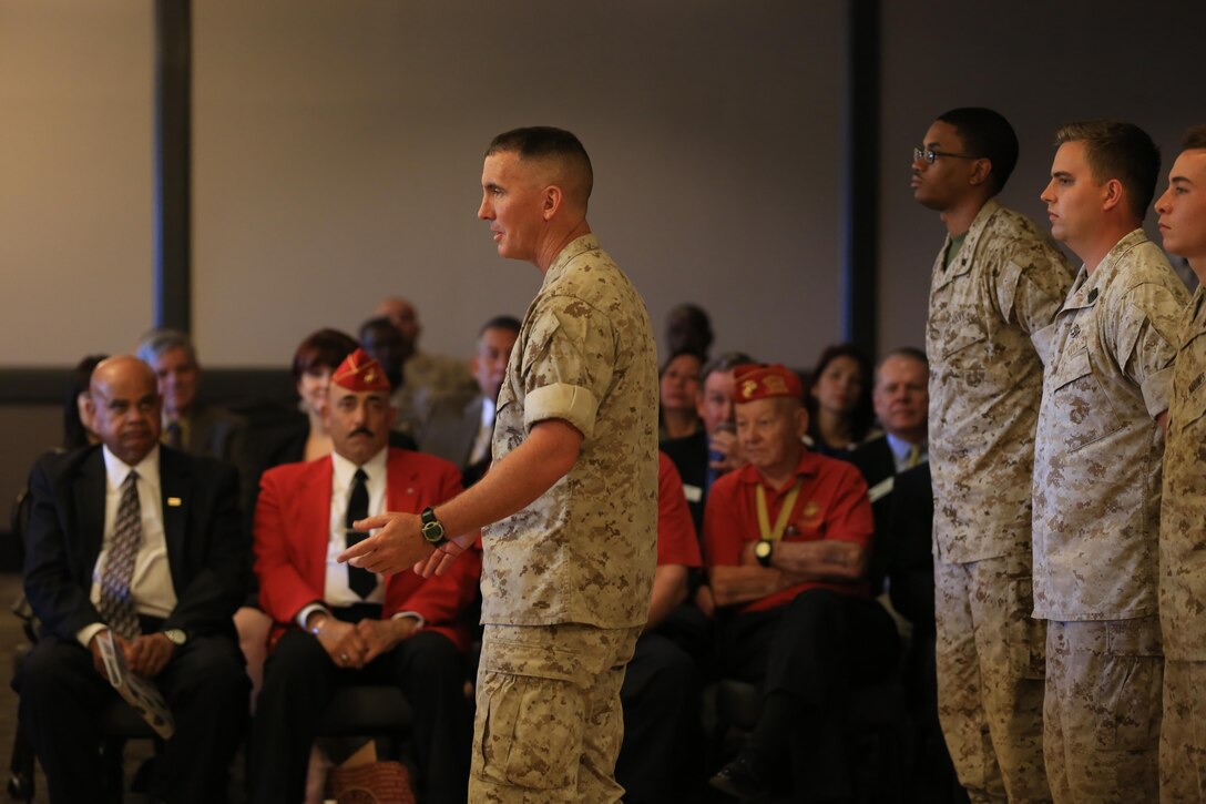 Col. John Farnam, Marine Corps Air Station Miramar commanding officer, gives his closing remarks at the end of a Noncommissioned Officer, Marine and Sailors of the Quarter awards ceremony aboard the installation, June 2.  “It’s all about the Marines and Sailors being honored today,” said Farnam. “Leadership sitting here is what makes it possible. Give it five or 10 years down the road, and it will be these Marines and Sailors sitting there, remembering this.”