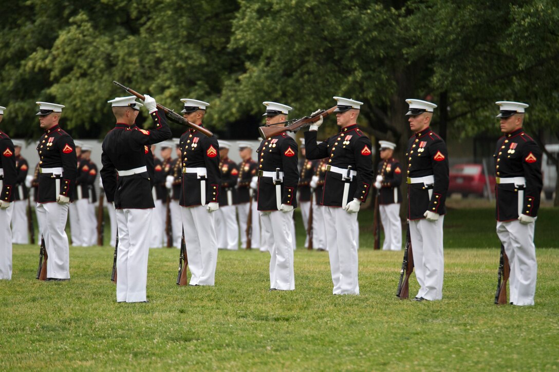 The United States Marine Corps Silent Drill Platoon perform during the sunset parade at the Marine Corps War Memorial, Arlington, Va., June 2, 2015. (U.S. Marine Corps photo by Cpl. Skye Davis/Released)
