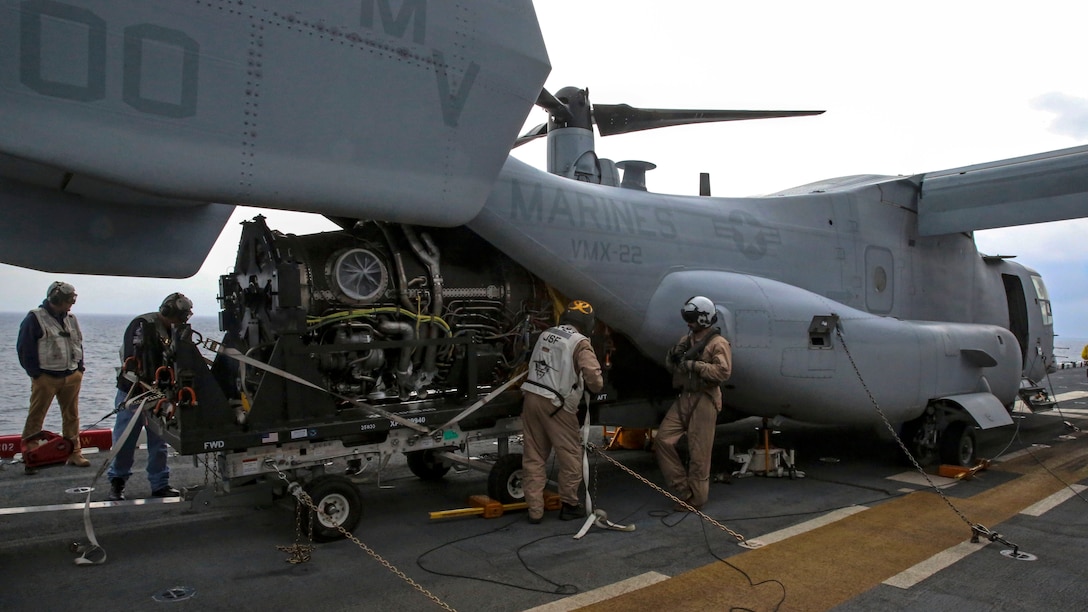 A power module for the F-35B Lightning II is moved out of an MV-22B Osprey and onto the USS Wasp, at sea May 22 during an evolution part of Operational Testing 1. OT-1 is serving the purpose of evaluating the full spectrum of F-35B measures of suitability and effectiveness, as well as assessing the integration of the aircraft into the spectrum of flight operations.