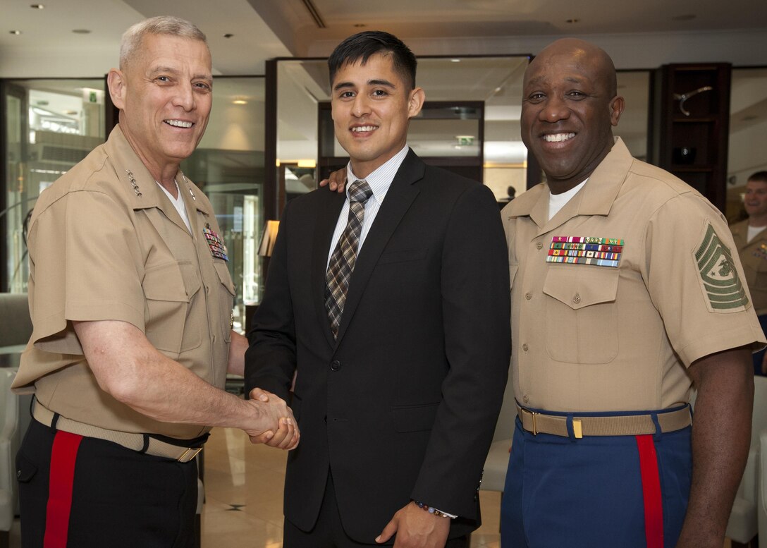 The Assistant Commandant of the U.S. Marine Corps, Gen. John M. Paxton, Jr., left, and the Sergeant Major of the U.S. Marine Corps, Sgt. Maj. Ronald L. Green, right, pose for a photo in Brussels, Belgium, May 29, 2015. (U.S. Marine Corps photo by Cpl. Tia Dufour/Released)