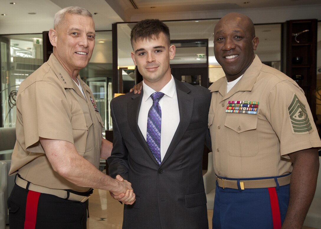 The Assistant Commandant of the U.S. Marine Corps, Gen. John M. Paxton, Jr., left, and the Sergeant Major of the U.S. Marine Corps, Sgt. Maj. Ronald L. Green, right, pose for a photo in Brussels, Belgium, May 29, 2015. (U.S. Marine Corps photo by Cpl. Tia Dufour/Released)