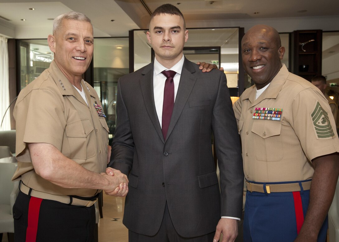 The Assistant Commandant of the U.S. Marine Corps, Gen. John M. Paxton, Jr., left, and the Sergeant Major of the U.S. Marine Corps, Sgt. Maj. Ronald L. Green, right, pose for a photo in Brussels, Belgium, May 29, 2015. (U.S. Marine Corps photo by Cpl. Tia Dufour/Released)