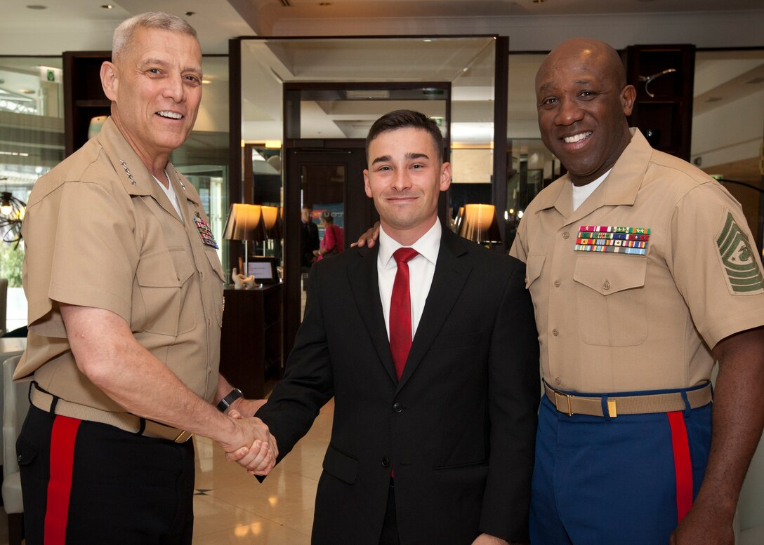 The Assistant Commandant of the U.S. Marine Corps, Gen. John M. Paxton, Jr., left, and the Sergeant Major of the U.S. Marine Corps, Sgt. Maj. Ronald L. Green, right, pose for a photo in Brussels, Belgium, May 29, 2015. (U.S. Marine Corps photo by Cpl. Tia Dufour/Released)