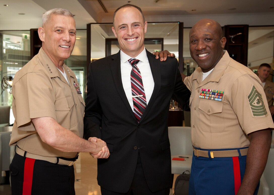 The Assistant Commandant of the U.S. Marine Corps, Gen. John M. Paxton, Jr., left, and the Sergeant Major of the U.S. Marine Corps, Sgt. Maj. Ronald L. Green, right, pose for a photo in Brussels, Belgium, May 29, 2015. (U.S. Marine Corps photo by Cpl. Tia Dufour/Released)