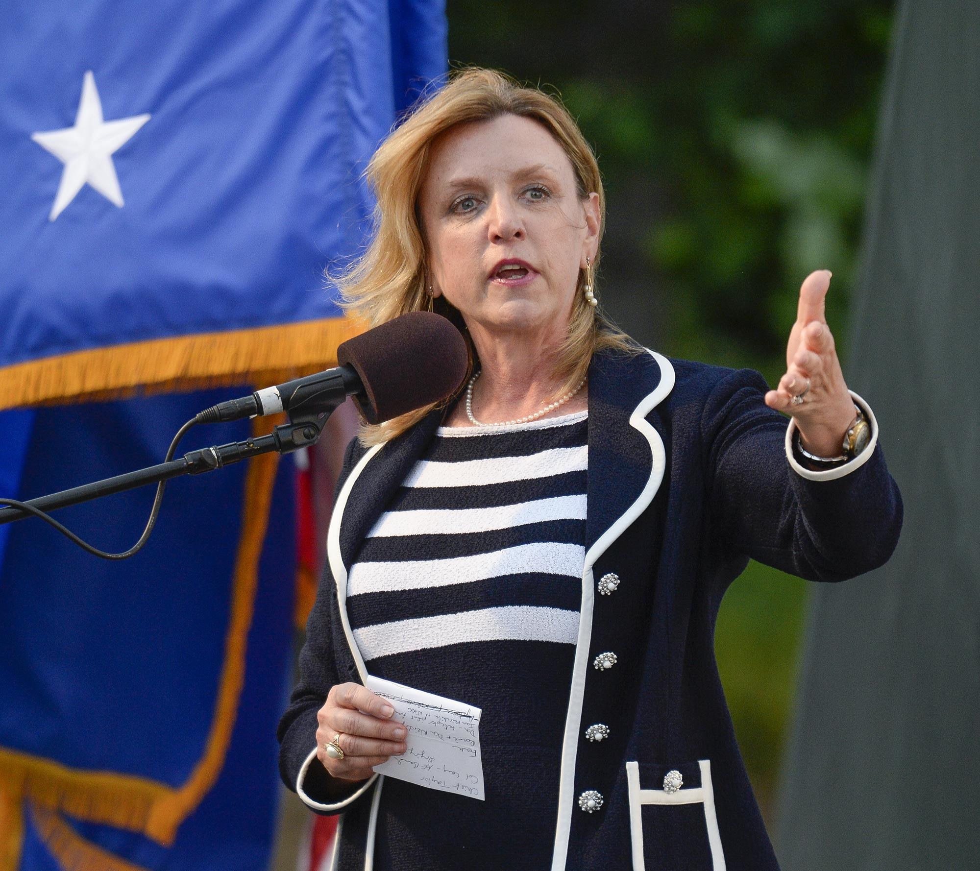 Secretary of the Air Force Deborah Lee James introduces the U.S. Air Force Band's inaugural performance of the 2015 U.S. Air Force Band Summer Concert Series at the Air Force Memorial in Arlington, Va., May 29, 2015. (U.S. Air Force photo/Andy Morataya)