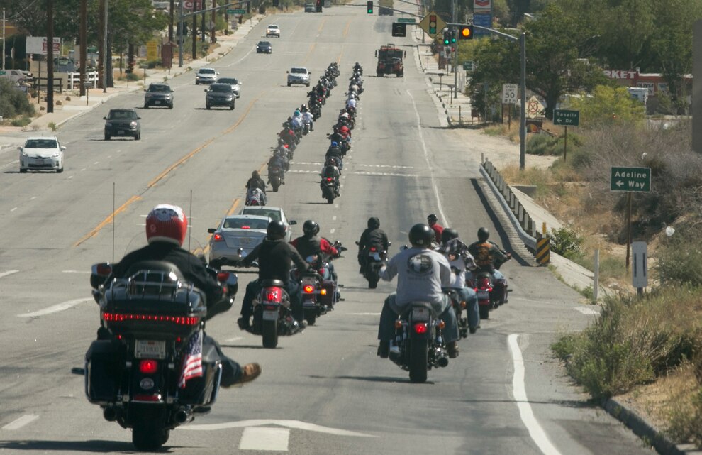 Combat Center motorcycle riders journey down California Highway 62 during the Behavioral Health Branch Ride for Freedom, Freedom to Ride Sober Motorcycle Ride, May 29, 2015. (Official Marine Corps photo by Lance Cpl. Thomas Mudd/ Released)