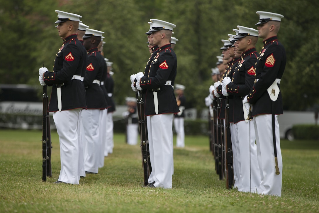 The U.S. Marine Corps Silent Drill Platoon preforms during the sunset parade at the Marine Corps War Memorial, Arlington, Va., June 2, 2015. Mr. Bob Simmons, majority staff director, House Armed Services Committee, and Mr. Paul Arcangeli, minority staff director, House Armed Services Committee, were guests of honor at the parade, and Lt. Gen. Jon M. Davis, deputy commandant, Aviation, was the hosting official. Since September 1956, marching and musical units from Marine Barracks Washington, D.C., have been paying tribute to those whose “uncommon valor was a common virtue” by presenting sunset parades in the shadow of the 32-foot high figures of the United States Marine Corps War Memorial.
