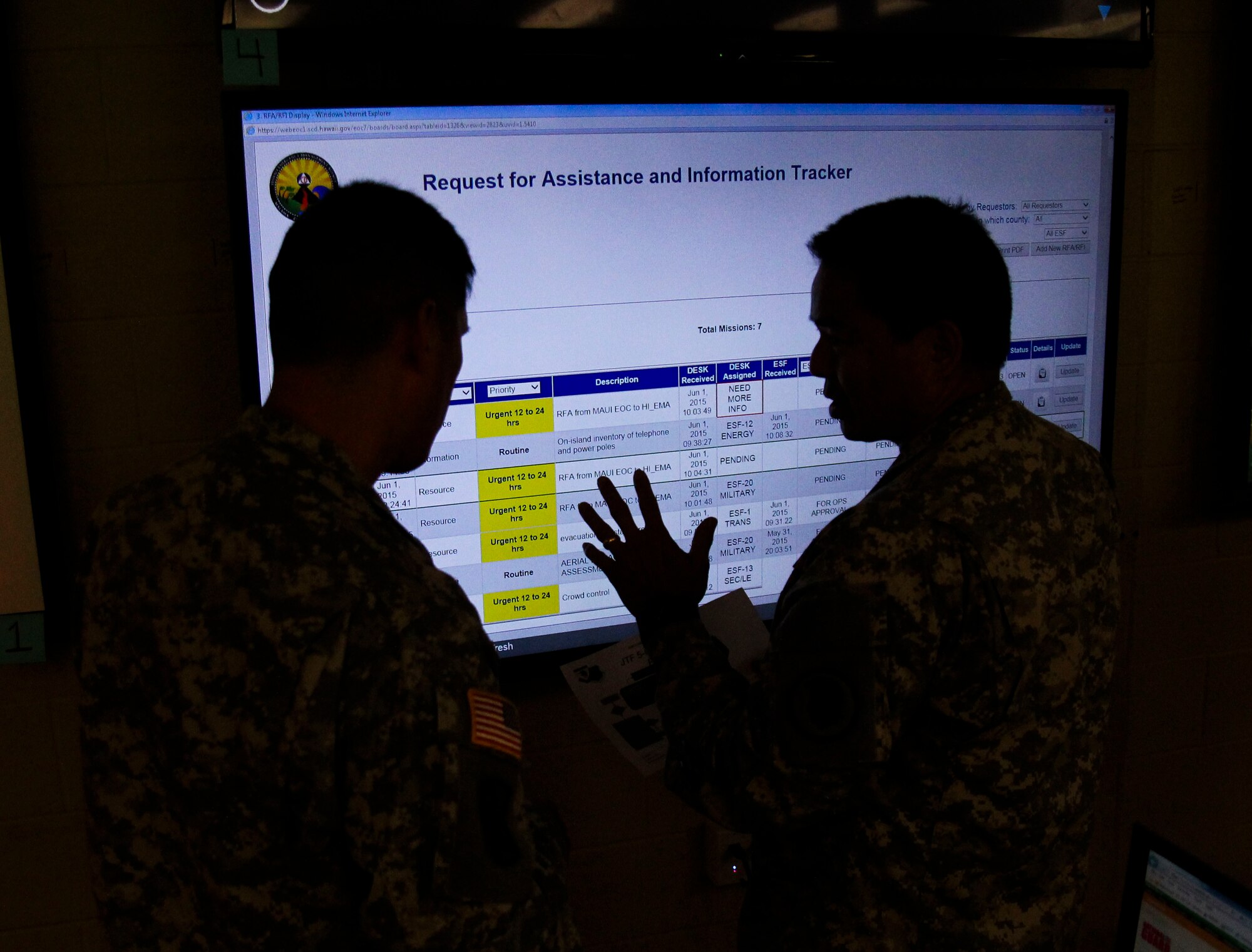 Hawaii Army National Guardsmen review the Hawaii Emergency Management Agency task tracking system during the exercise Vigilant Guard/Makani Pahili 2015 at the Joint Task Force 5-0 command center in the Hawaii National Guard (HING) Diamond Head Headquarters, Hawaii on June 1, 2015. The system manages requests for services from various state and federal resources as they are executed during domestic emergencies and catastrophic events. (U.S. Air National Guard photo by Airman 1st Class Robert Cabuco)
