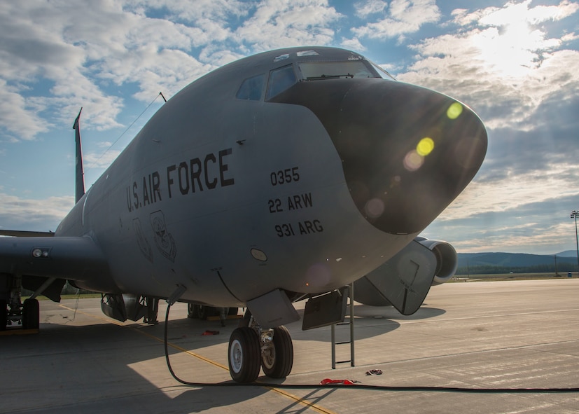 A 22nd Air Refueling Wing KC-135 Stratotanker from McConnell Air Force Base, Kan., is prepped for an exercise AMALGAM DART 15-2 aerial refueling mission May 29, 2015, at Eielson AFB, Alaska. During AMALGAM DART, U.S. Air Force KC-135 Stratotankers alongside Royal Canadian Air Force CC-130T Hercules and CC-150T Polaris tanker crews had numerous opportunities to practice bilateral aerial refueling with aircraft ranging from U.S. Air Force F-15 Eagles and RCAF CF-18 Hornets to U.S. Air Force F-22 Raptors, an E-3 Sentry (AWACS) and a B-52H Stratofortress. (U.S. Air Force photo/Staff Sgt. Benjamin W. Stratton)