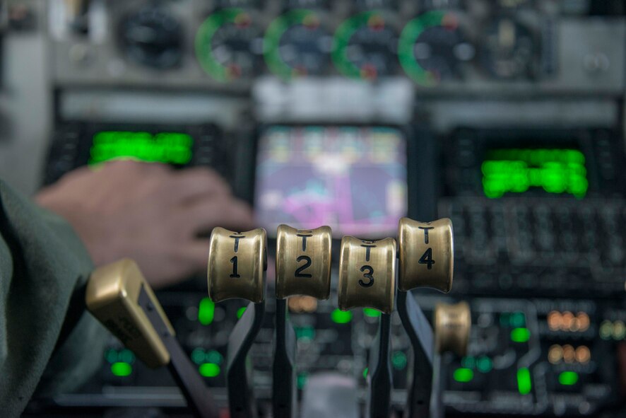 The throttles of a 92nd Air Refueling Wing KC-135 Stratotanker from Fairchild Air Force Base, Wash., enable pilots to control the aircraft’s four massive CFM International CFM-56 turbofan engines on the way to exercise AMALGAM DART 15-2 at Eielson AFB, Alaska, May 27, 2015, over British Columbia, Canada. The KC-135’s engines each produce 21,634 pounds of thrust propelling the aerial refueling and airlift aircraft at speeds up to 530 miles per hour at 30,000 feet. Fairchild AFB, Wash., and McConnell AFB, Kan., KC-135s joined approximately 300 military personnel and 15 aircraft in exercise AMALGAM DART 15-2 May 26 through June 1. (U.S. Air Force photo/Staff Sgt. Benjamin W. Stratton)