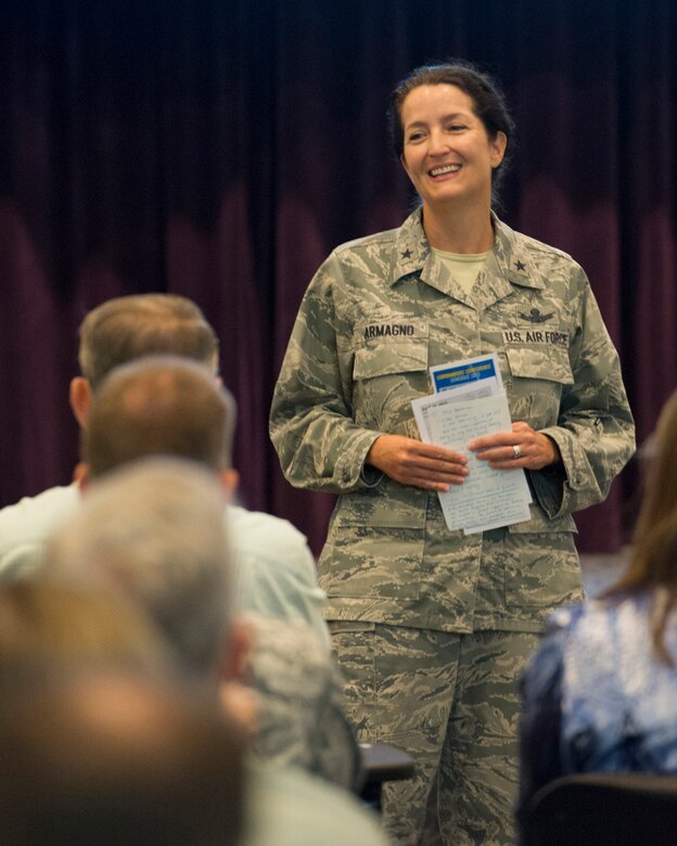 Brig. Gen. Nina Armagno, 45th Space Wing commander, speaks at the 45th Space Wing Commander's Conference at the Defense Equal Opportunity Management Institute, Patrick Air Force Base, Fla. (U.S. Air Force photo/Matthew Jurgens)