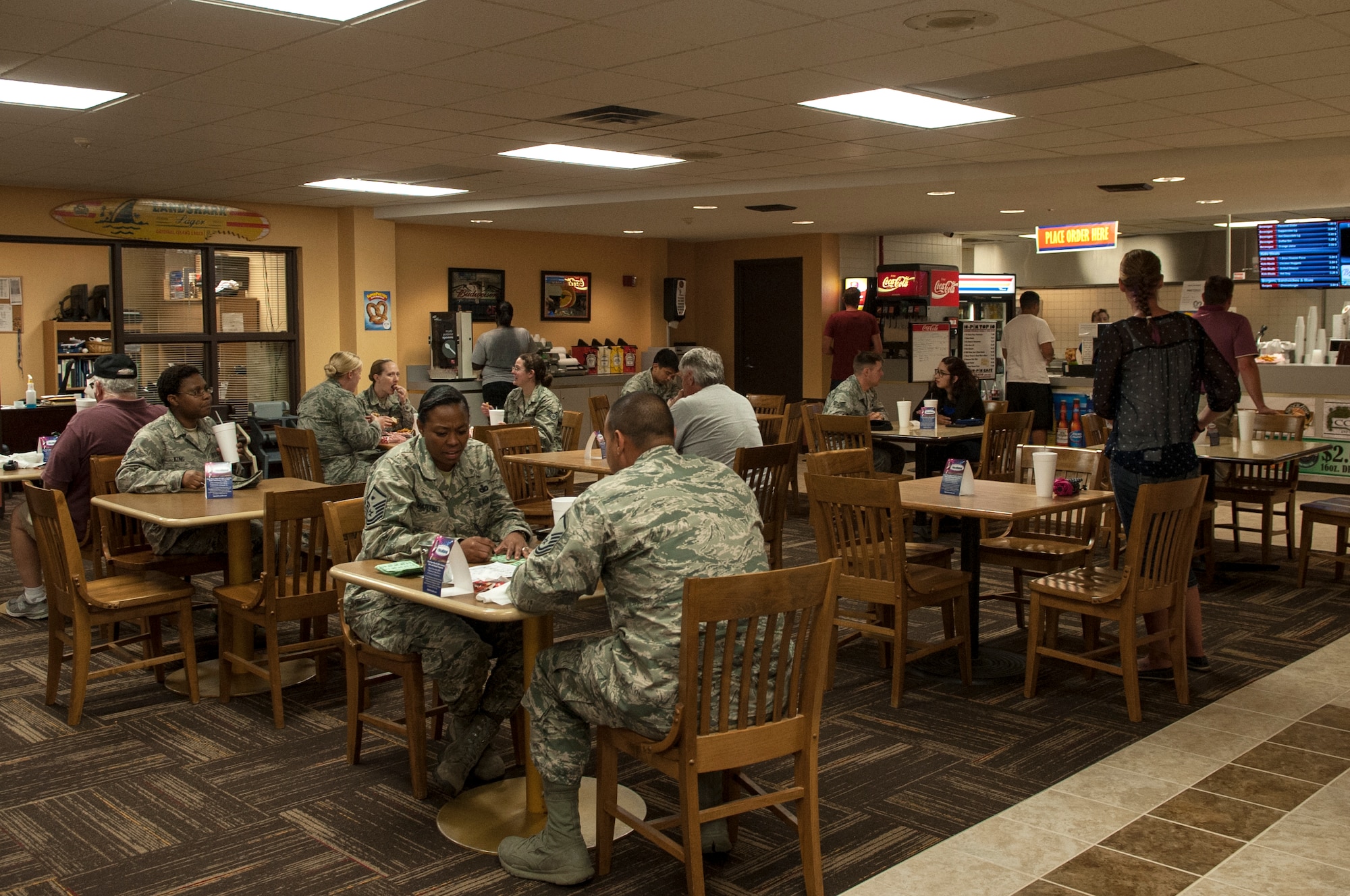 Members of Team Seymour eat at the newly renovated Planet Bowl, June 3, 2015, at Seymour Johnson Air Force Base, North Carolina. In addition to the already completed upgrades, new furnishings for the bowling center are slated to arrive in mid-July. (U.S. Air Force photo/Airman Shawna L. Keyes)