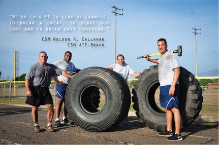 A group of service members from Joint Task Force-Bravo led by Command Sgt. Maj. Nelson Callahan, JTF-B command sergeant major, pose for a photo following their workout June 03, 2015, at Soto Cano Air Base, Honduras. A dedicated athlete and mentor, CSM Callahan invites others to join him during this specialized physical training session so they can “lead by example…break a sweat…blast [their] core and…build unit cohesion” (U.S. Air Force graphic by Capt. Christopher Love). 